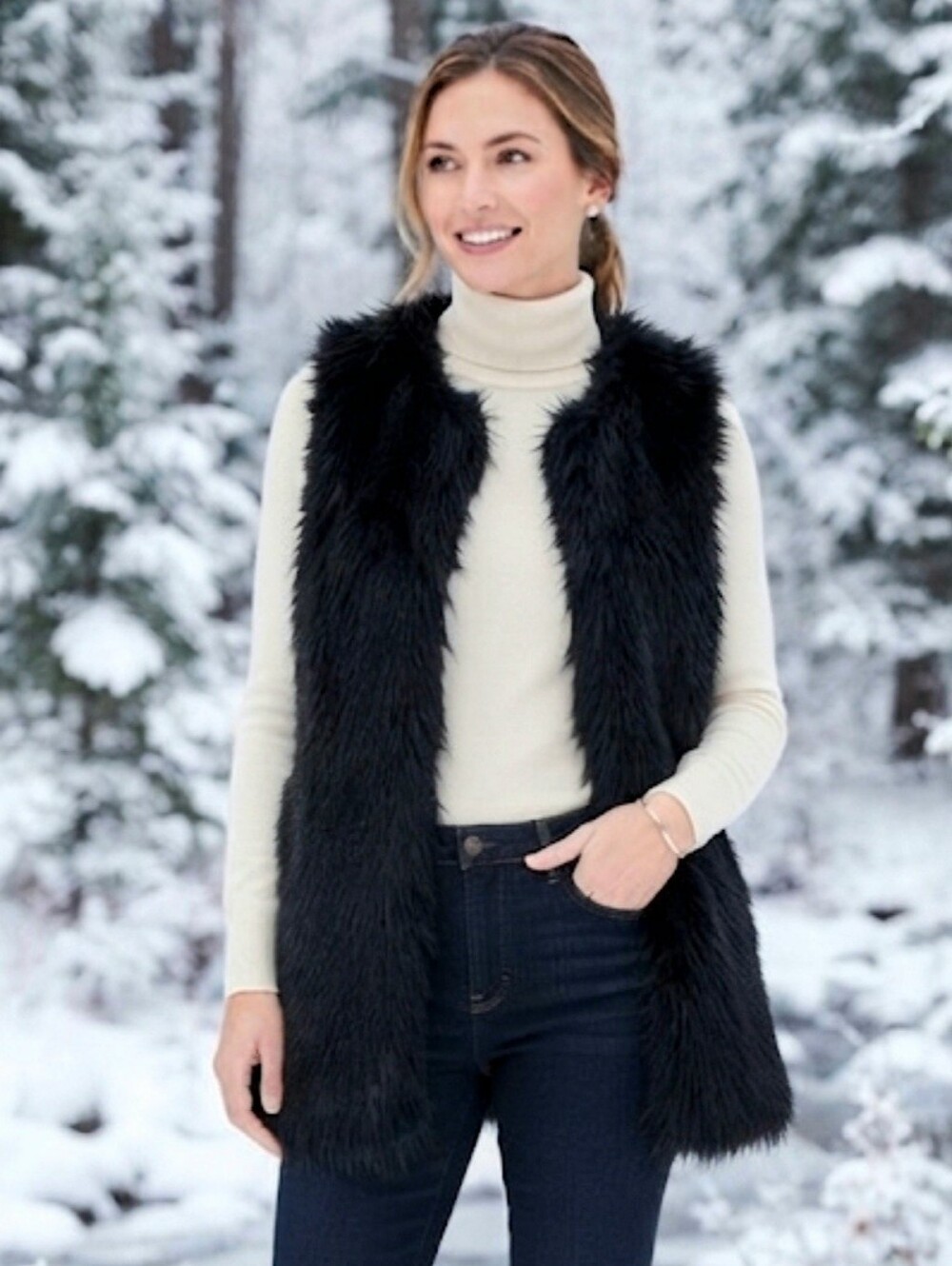 Love by Chesley Black Fluffy Faux Fur Vest Size Large